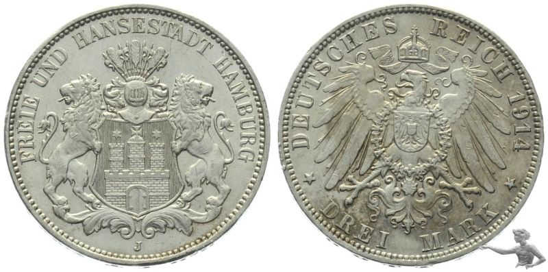 Hamburg 3 Mark 1914 J